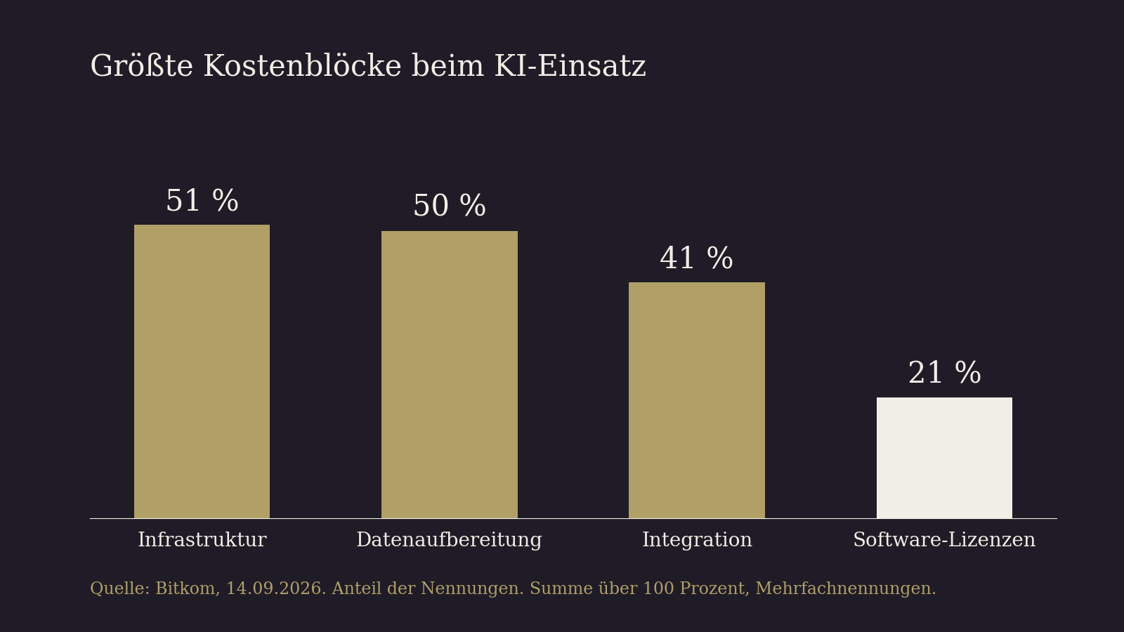Balkendiagramm: Größte Kostenblöcke beim KI-Einsatz. Infrastruktur 51 Prozent, Datenaufbereitung 50 Prozent, Integration 41 Prozent, Software-Lizenzen 21 Prozent.